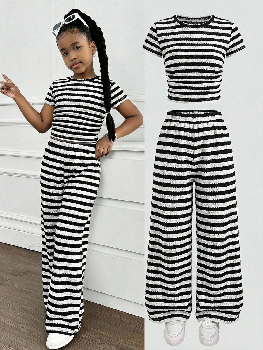 SHEIN 少女罗纹印花T恤和打底裤两件套，休闲日常时尚百搭 - 黑與白 - 查看 1