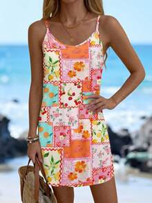 SHEIN LUNE Vestido mini de punto con tirantes finos, adecuado para el verano - Multicolor - Ver 1