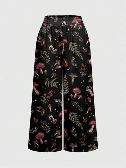 ROMWE Fairycore 女士宽松阔腿裤，饰有蘑菇、花卉、太阳、月亮和树叶印花，适合春夏穿着
