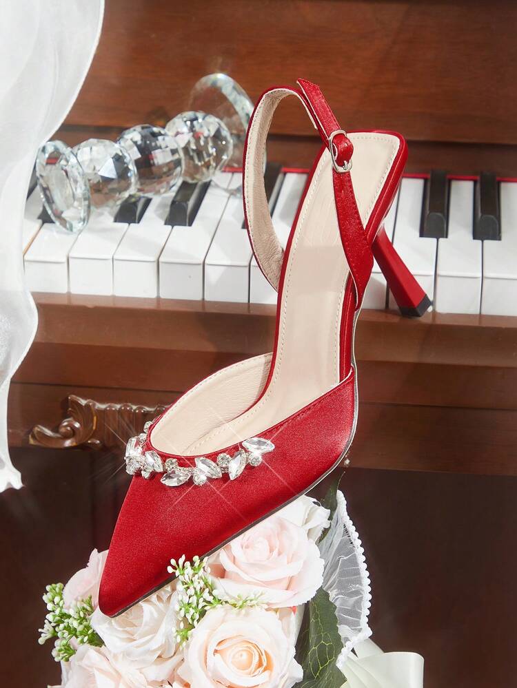 CUCCOO HITCHD Women's Pointed Toe High Heel Rhinestone Red Satin Comfortable Elegant Pumps, Suitable For Weddings, Parties, Formal Occasions