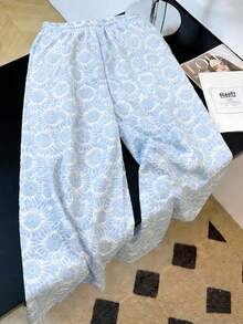 GlowEve CURVE Plus Size Women's Spring/Summer Woven Textured Bubble Print Long Pants, Suitable For Daily Wear And Vacation, Bubble Print Loose Drawstring Waist Trousers - Blue - View 2