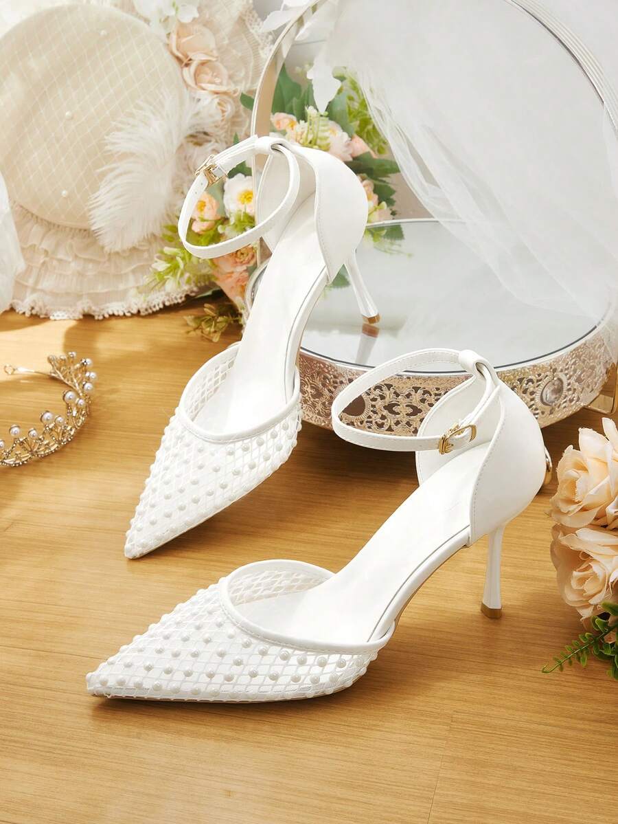 CUCCOO HITCHD Pointed Toe Breathable Mesh Pearls Hollow-Out Fashionable Elegant Sexy Fairy Formal White High Heels - White - View 1