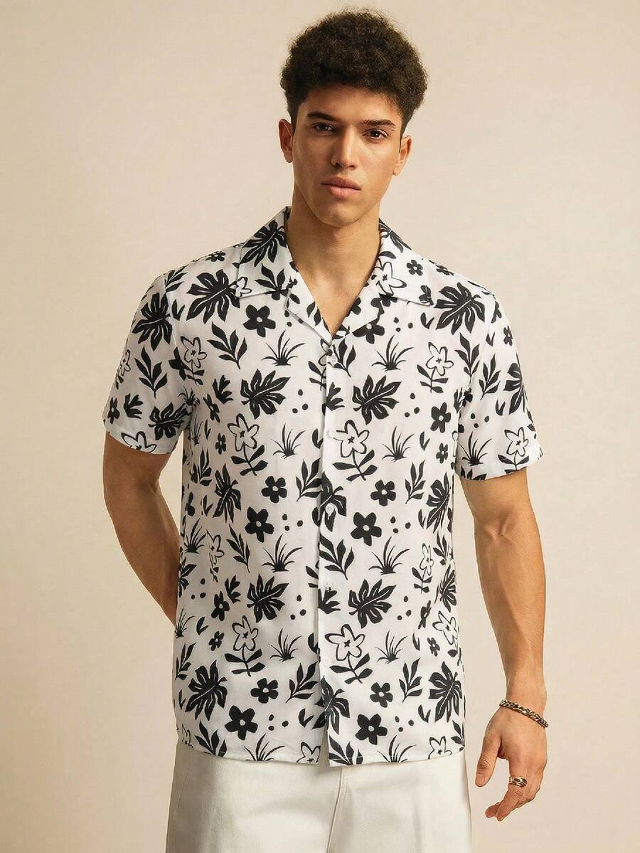 SWAVVY 男士时尚印花短袖衬衫，春夏款 - 白色 - 查看 1