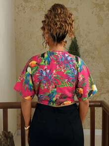 Levarali Plus Size Women Botanical Print Twist Short Sleeve Hawaiian Blouse, Summer, Boho, Beach, Holiday Cute Versatile Daily Wear Casual Top - Multicolor - View 2