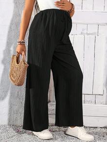 SHEIN Maternity Solid Color Adjustable Waist Pocket Casual Versatile Loose Pants For Daily Wear Fall - Black - View 5