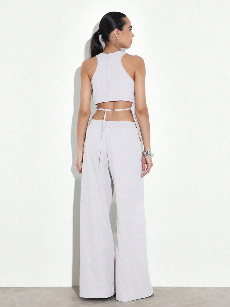 KSTM Halter Neck Tank Top With Wide Leg Palazzo Pants Two Piece Coordinating Set Casual Summer Lounge Wear Matching Outfit