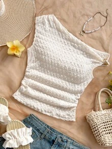 Soleia Vacationdeep-V 不对称肩部金属褶皱修身衬衫，适合派对、度假、音乐节、波西米亚风、节日约会、下午茶 - 杏色 - 查看 4