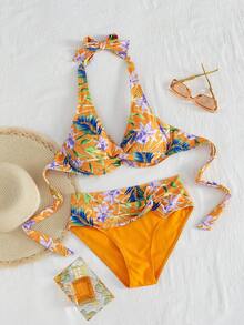 Swim Lushoire Bộ bikini nữ họa tiết nhiệt đới, kiểu vặn xoắn phía trước, thích hợp cho kỳ nghỉ biển. - trái cam - Xem 3