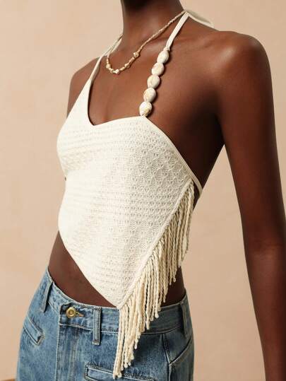 Vesra 镂空纹理面料串珠装饰露背拼接流苏系带沙滩度假风女式吊带背心