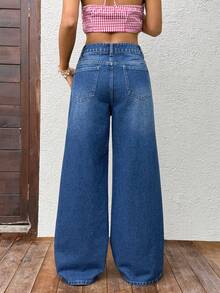 SHEIN PETITE 女士休闲水洗做旧直筒牛仔裤 - 深色水洗藍 - 查看 2