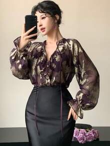 DAZY 女士优雅印花系带腰身衬衫，春夏款 - 黑色 - 查看 5