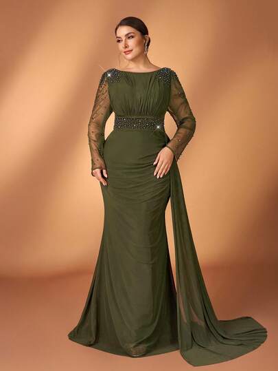 Serin Plus Size Elegant Luxury Bubble Pearl Diamond Design Sheer Long Sleeve Elastic Knit Ruched Mermaid Dress, Suitable For Wedding, Party, Vacation, Bride, Mother Of The Bride, Evening Gown