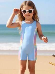 时尚女孩拼色纯蓝色豹纹拼布连体裤，适合海边度假 - 彩色 - 查看 3