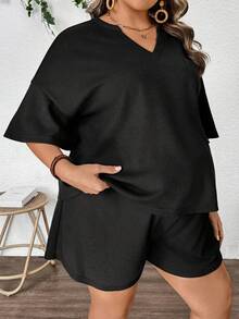 Plussiva 2件組大尺碼孕婦黑色V領上衣與可調節短褲套裝，休閒日常夏季女款華夫格針織居家套裝 - 黑色 - 查看 4