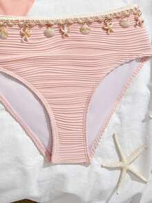 SHEIN 女童粉色贝壳海星无肩带分体泳衣网纱罩裙三件套夏季新款亲肤速干泳衣波浪纹理贝壳装饰高腰设计沙滩度假泳池时尚套装温柔甜美风格必备少女沙滩装泳衣三件套可爱泳衣夏季套装少女泳衣可爱泳衣少女夏季度假套装可爱夏季套装 - 粉色 - 查看 5