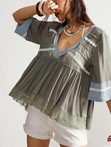 Bohemela Blusa holgada de punto con escote en V y manga corta, estilo patchwork, para mujer, ropa de mujer estilo bohemio, blusas de verano bohemias - verde menta - Ver 6