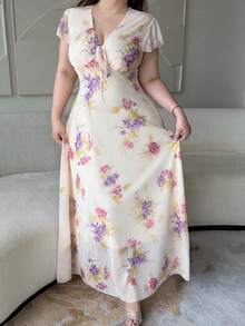 Vibekara Vestido con volantes y estampado floral para vacaciones, fresco y elegante - Albaricoque - Ver 7