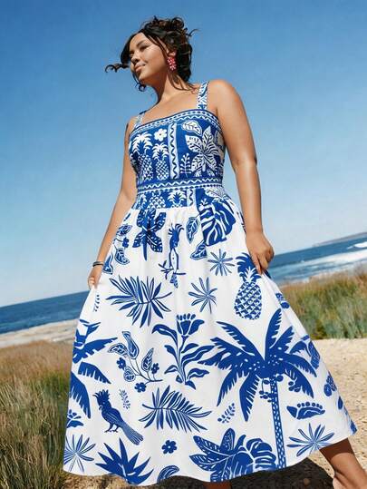 Travachic Plus Size Floral Print Camisole & Printed Mini Skirt 2-Piece Set, Casual Holiday