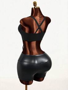 Mistrie 女士时尚性感纯色露背短款背心，夏季 - 黑色 - 查看 2