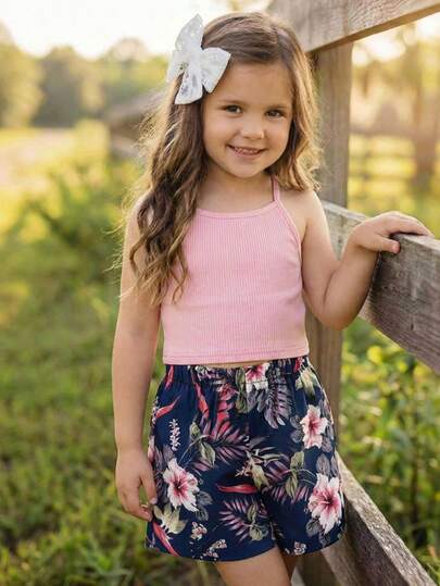 SHEIN 两件套女童纯色针织吊带背心和碎花休闲短裤套装