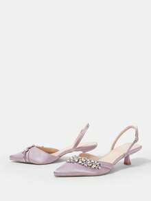 CUCCOO HITCHD Women's Pointed Toe Kitten Heel Rhinestone Satin Pumps, Comfortable Elegant Dress Shoes For Bride, Wedding, Party, Lavender Color - Mauve Purple - View 3