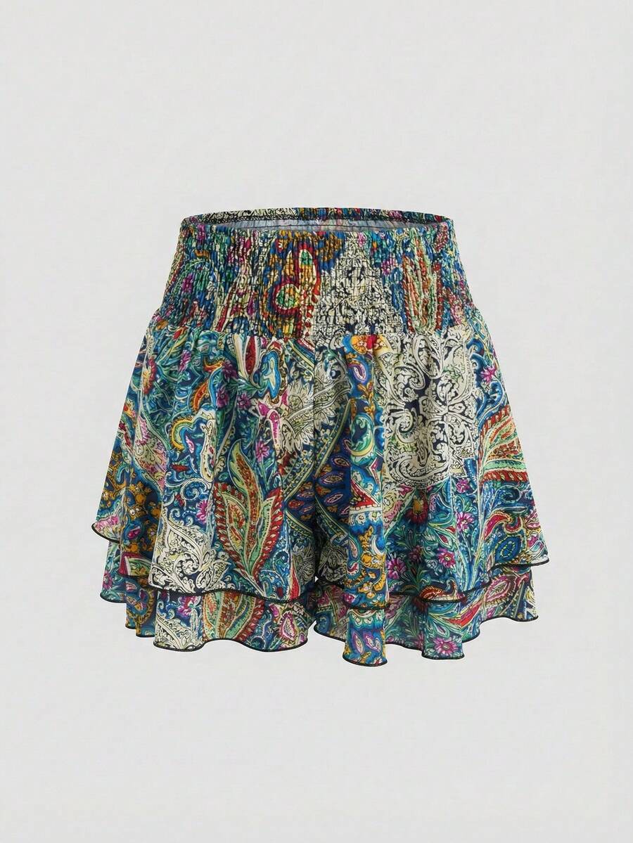 SHEIN PETITE Pantalones cortos casuales con cintura elástica y estampado para mujeres de talla pequeña, versátiles para vacaciones, primavera/verano - Verde - Ver 1