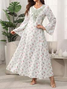 Al Najma Đầm tay loe cổ chữ V họa tiết hoa phối màu tie-dye, kiểu Ả Rập, mùa xuân/hè. - màu xanh lá - Xem 6