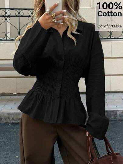 Siren Gaze Damen Lässig einfarbiges Langarm Hemd, tailliertes Baumwoll-Bluse, Bürokleidung Hemd