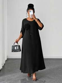 Maweii Modest Plus Size Black Midi Tunic Dress Three Quarter Sleeve Round Neck Woven Fabric With 3D Rose Embellishment - Black - View 2