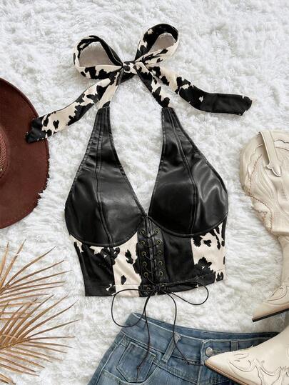 Soleia Blusa sin mangas con cuello de halter, estampado gráfico y cordones sexy para mujer