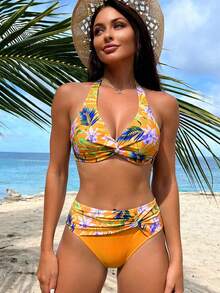Swim Lushoire Bộ bikini nữ họa tiết nhiệt đới, kiểu vặn xoắn phía trước, thích hợp cho kỳ nghỉ biển. - trái cam - Xem 1