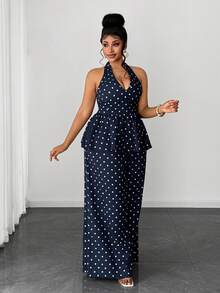 Maweii Plus Size Polka Dot Elegant Commuting Fashion Versatile 2 Pieces Set - Navy Blue - View 5