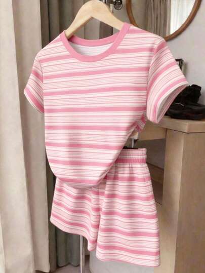 2 Stücke/Set Mädchen Lässig gestreiftes Kurzarm T-Shirt und Shorts Set, gestreifter Rundhals T-Shirt und Shorts, bequemer Sommer/Herbst Stil für Mädchen Alltag, rosa gestreiftes 2-teiliges Set, geeignet für Teenager und Tweens