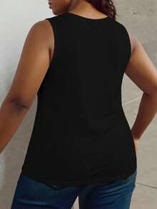 Maweii Women's Letter Print Round Neck Casual Versatile Tank Top - Black - View 2