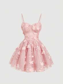 SHEIN MOD Vestido mini de fiesta rosa con pliegues y diseño floral 3D - Rosa - Ver 3