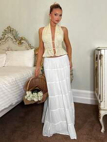 Glamine Charm Fashionable Vacation Sexy Yellow Hollow Embroidery Backless Halter Shirt - Yellow - View 3