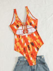 Swim SXY Red Orange,Summer,Cute,Beach Party,Holiday Tie Dye Print Deep V Lace-Up Circular Ring One-Piece Backless Swimsuit, Women's Bikinis Bathing Suits - Multicolor - View 8
