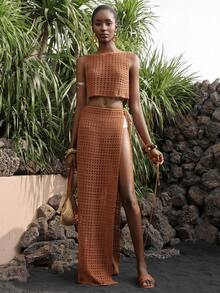 Vesra 两件套女士针织毛衣套装，夏季罩衫 - 鏽棕色 - 查看 4