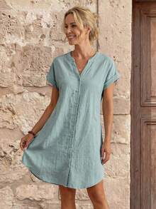 EMERY ROSE Solid Notched Button Front Batwing Sleeve Shirt Dress,Summer Dresses For Women - Green - View 4