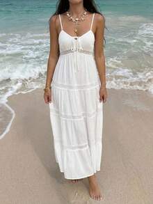 SHEIN EZwear Music Festival White Dress White Woven Spaghetti Strap Vacation Dress - White - View 8