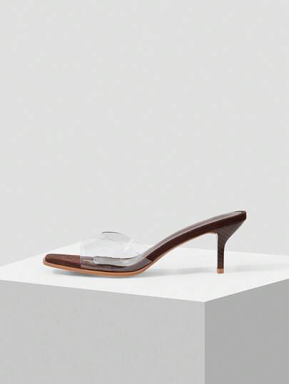 Mnmlis Women's Transparent Strap Patchwork Square Toe Thin Heel Sandals, Minimalist Chic Shallow Brown Slip-On Heels For Daily, Work, Date, Summer