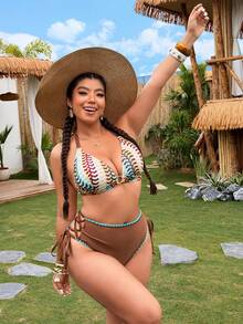 Swim Vcay Plus Size Striped Swimwear Set - Multicolor - View 1