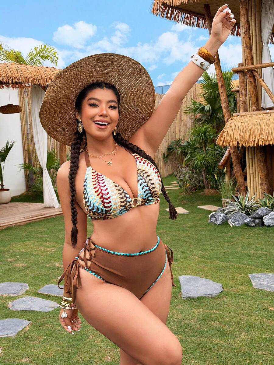 Swim Vcay Plus Size Striped Swimwear Set - Multicolor - View 1