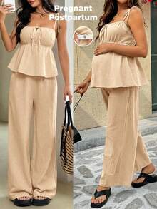 SHEIN 孕妇休闲纯色吊带背心和裤子两件套 - 卡其色 - 查看 1