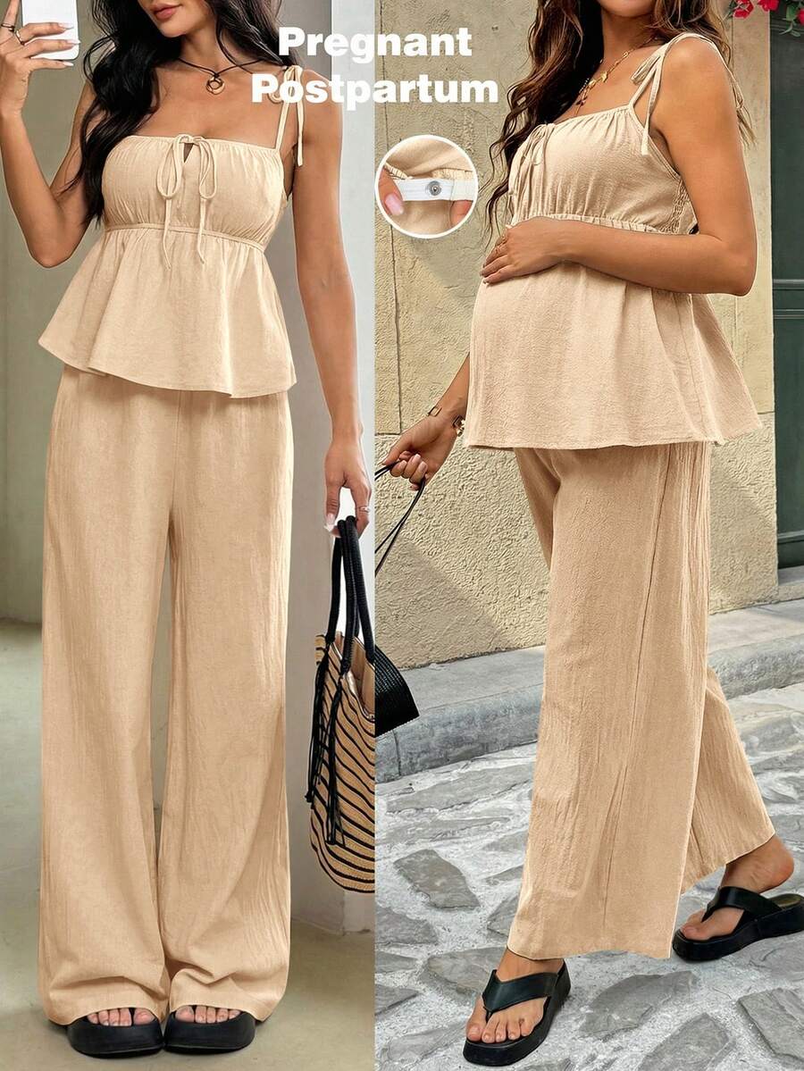 SHEIN 孕妇休闲纯色吊带背心和裤子两件套 - 卡其色 - 查看 1