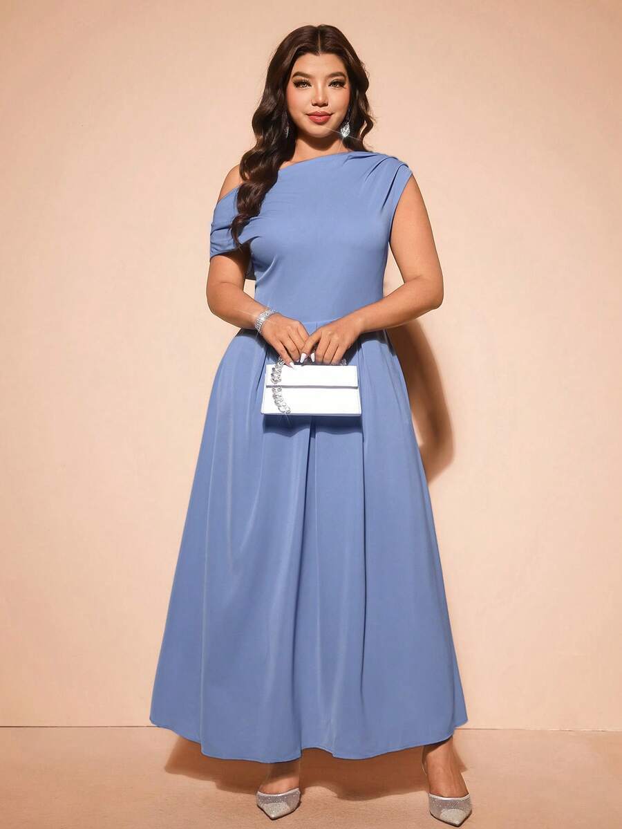 Cravure Plus Size Women's Long Satin Dress, Asymmetric Neckline 3D Design, Elegant For Parties, Afternoon Tea, Weddings, Green Color - Blue - View 1
