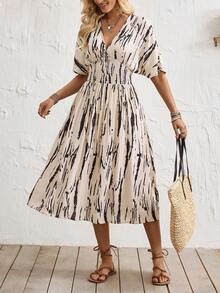 SHEIN Holidaya V-Neck Tiger Print Ruched Waist Batwing Sleeve Spring/Summer Women Dress - Apricot - View 3