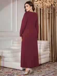 Modelyn 大码女式亮片装饰领长袖褶皱腰部闪亮派对连衣裙 - 酒紅色 - 查看 2
