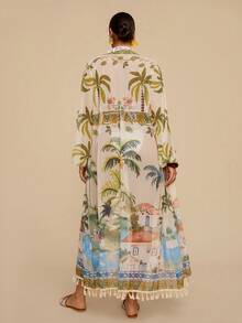 Travachic 热带度假风复古椰树小镇印花罩衫，长款花卉流苏下摆轻盈和服式罩衫，宽松显瘦沙滩罩衫，女士夏季 - 綠色 - 查看 2