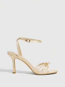 CUCCOO CHICEST 女士金色金属格纹爱心水钻装饰踝带凉鞋，时尚迷人性感金属圆头高跟鞋，夏季必备 - 香檳色色丁 - 查看 7